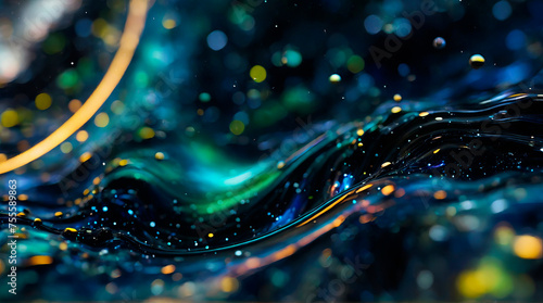 Abstract background with blue-green waves and glowing particles photo