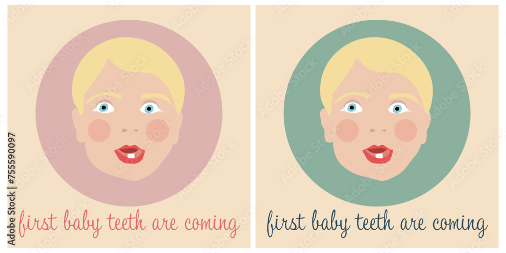 Charming cartoon of a baby's first tooth appearance. Baby first teeth.