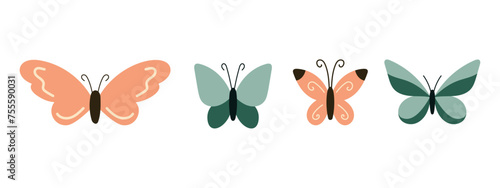 Set of hand drawn cute butterflies. Cartoon character for kids cards, baby shower, invitation, poster. Vector stock illustration