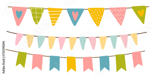 Set of decorative party string garland. Celebrate hanging colored flags for baby products, fabrics, packaging, covers, invitation. Vector stock illustration