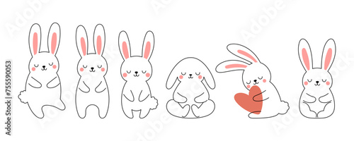Cute little Easter bunny outline sketch collection in different poses. Cartoon rabbit character for kids cards, baby shower, invitation, poster. Vector stock illustration