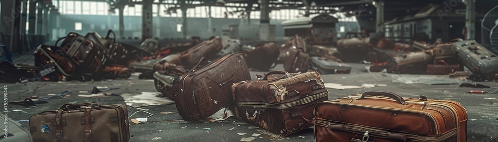 Highlight the eerie beauty of the abandoned luggage scattered haphazardly throughout the empty airport