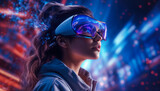 Close up portrait of a beautiful young woman wearing virtual reality goggles.