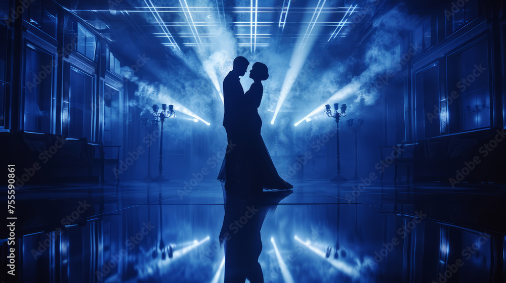 An illustration of a silhouette of a couple dancing elegantly among glittering lights and a festive atmosphere. An illustration of a silhouette of a couple dancing elegantly among glittering lights and a festive atmosphere.