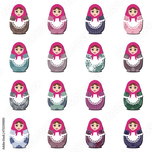 Set with russian doll matreshka on white background 