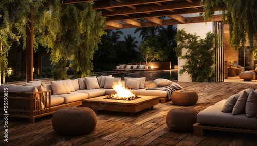 3d rendering of a beautiful terrace with a fireplace in the evening
