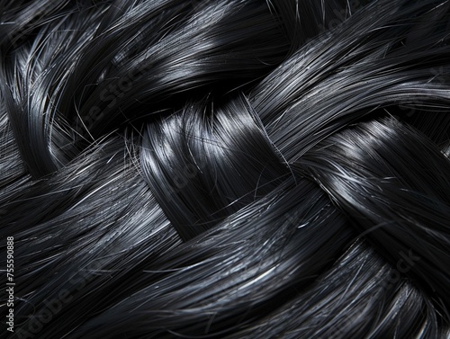 A close-up view of textured strands of black hair intertwined with subtle hints of shimmer glossy
