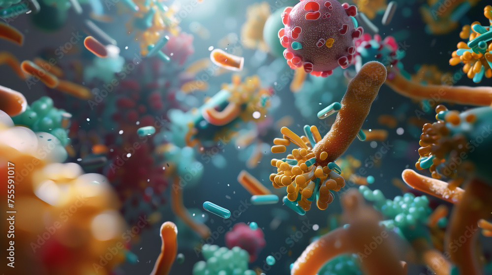 Naklejka premium An intricately designed 3D model of the active exchanges occurring between micronutrients and healthy bacteria