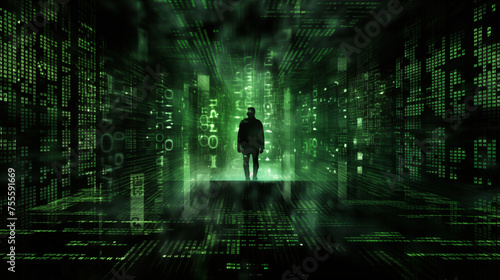 Silhouette of a Man in Data Matrix Tunnel