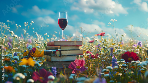 Aesthetic wide angle photograph of a pile of books and a red wine glass at a field full of blooming colorful flowers. Product photography. Advertising. World book day. photo