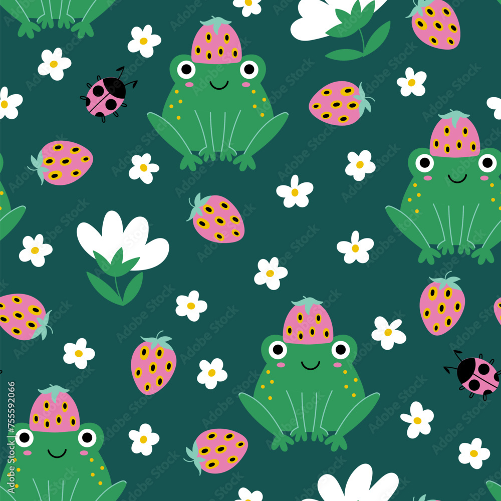 Frogs with strawberries seamless pattern - obrazy, fototapety, plakaty 
