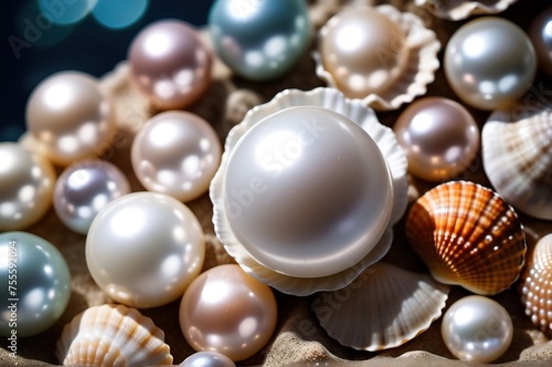 Multi-colored pearls in shells.