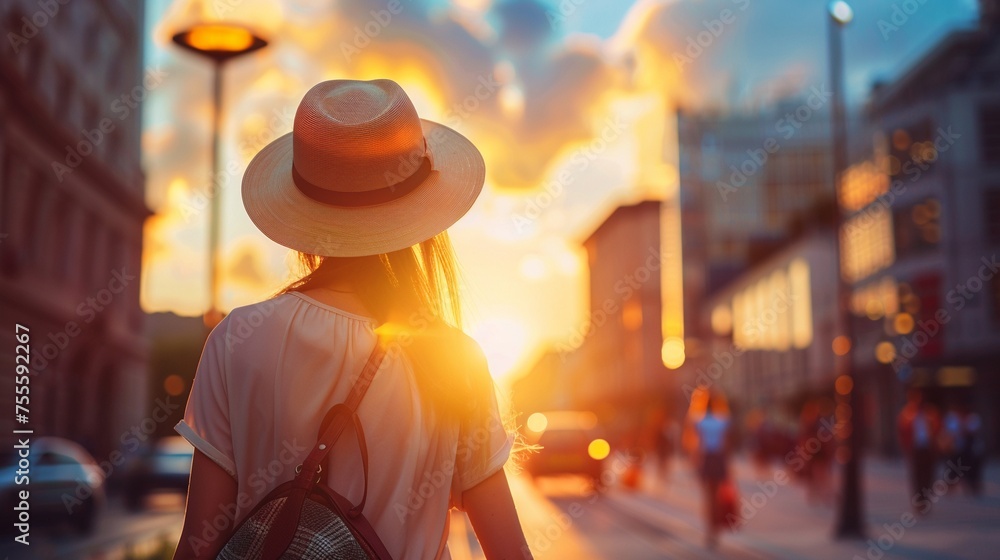 Woman walking in the city at sunset 
