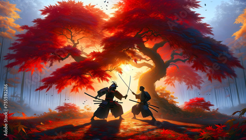 the intensity of two samurai in the midst of a duel under a momiji, or Japanese maple tree, in the full splendor of the fall season. The leaves of the tree in vibrant shades of red, orange, and gold photo