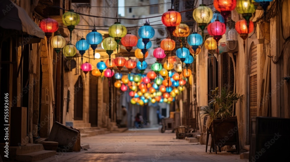 colorful Ramadan lanterns decorating a Middle Eastern street