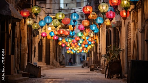 colorful Ramadan lanterns decorating a Middle Eastern street © Photocreo Bednarek