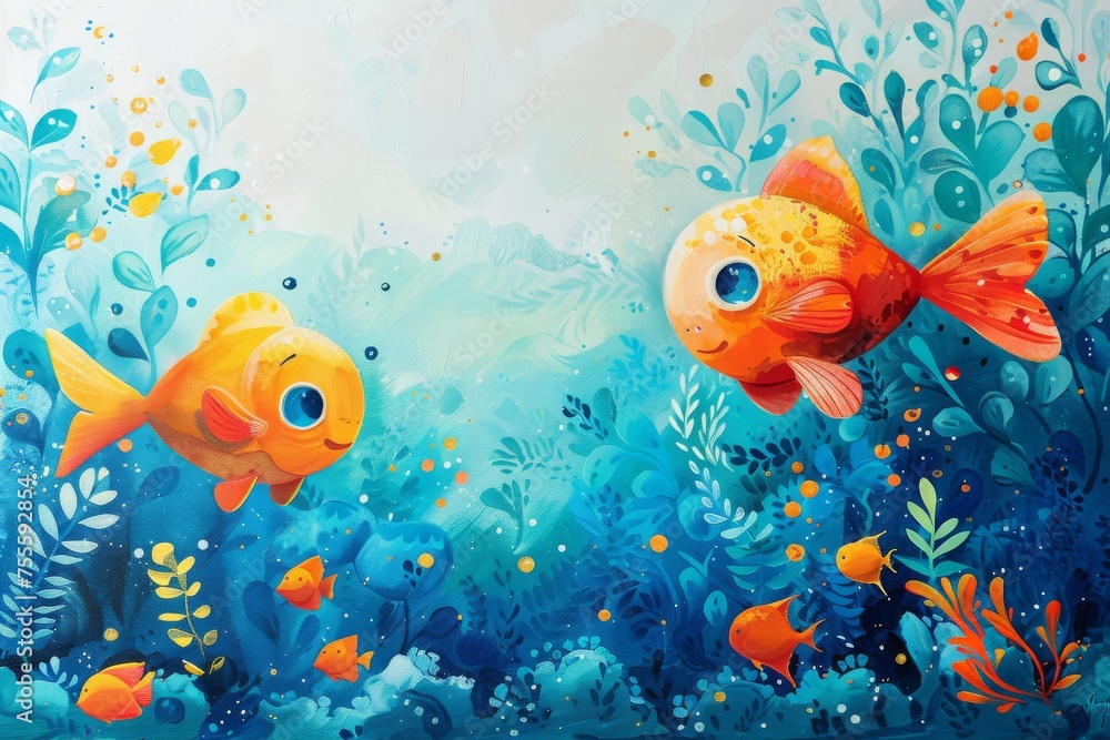 Naklejka premium Whimsical illustration of goldfish swimming among coral plants