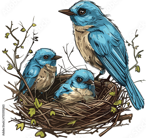 Vector illustration depicting a mother bird accompanied by two offspring in a nest.