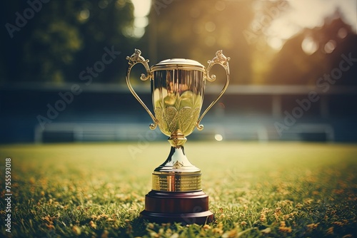 Winner Champion trophy and golden shiny world cup in sports award with green grass field of the stadium background. 3d rendering