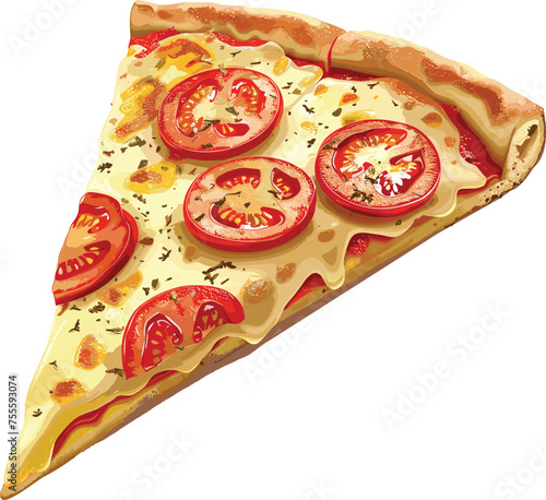 Vector illustration of a pizza slice topped with tomato and cheese.