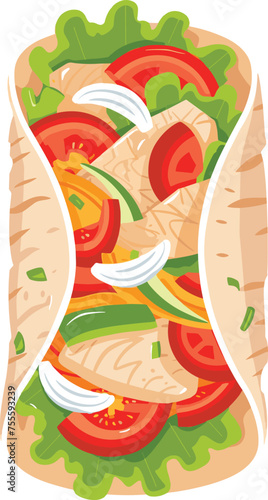 
Illustration of a cartoon-style depiction of a fast food meal consisting of a chicken and vegetable wrap and a doner kebab or shawarma.