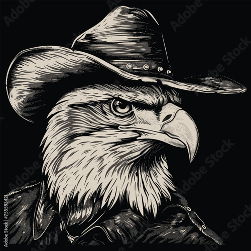 Illustration of a retro-style comic featuring a classic eagle wearing a cowboy hat from the 1960s, rendered in black and white vectors.