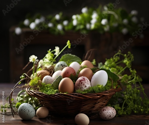 Easter basket filled with grass and variety of speckled eggs