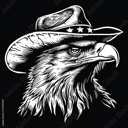 Illustration of a retro-style comic featuring a classic eagle wearing a cowboy hat from the 1960s, rendered in black and white vectors.