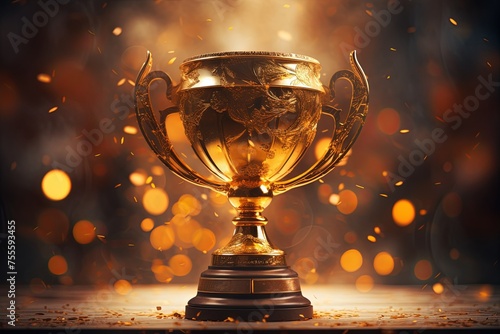 Winner Champion trophy and golden shiny cup with flying confetti background. 3d rendering