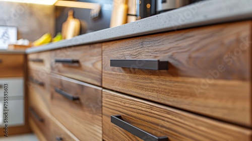 Close-Up of Kitchen Cabinet Countertop with Wooden Finishing