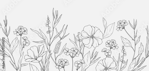 Floral bakground with bouquet of various flowers. Botanical foliage for wedding invitation, wall art or wallpaper. Vector illustration