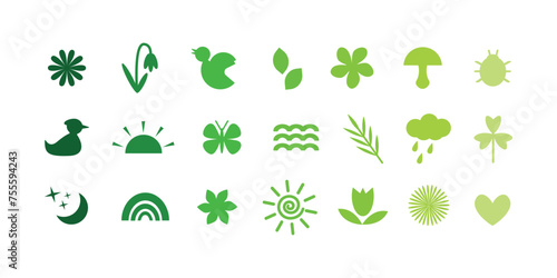 Springtime collection  glyph icons or silhouette illustration set in shades of green  neobrutalism