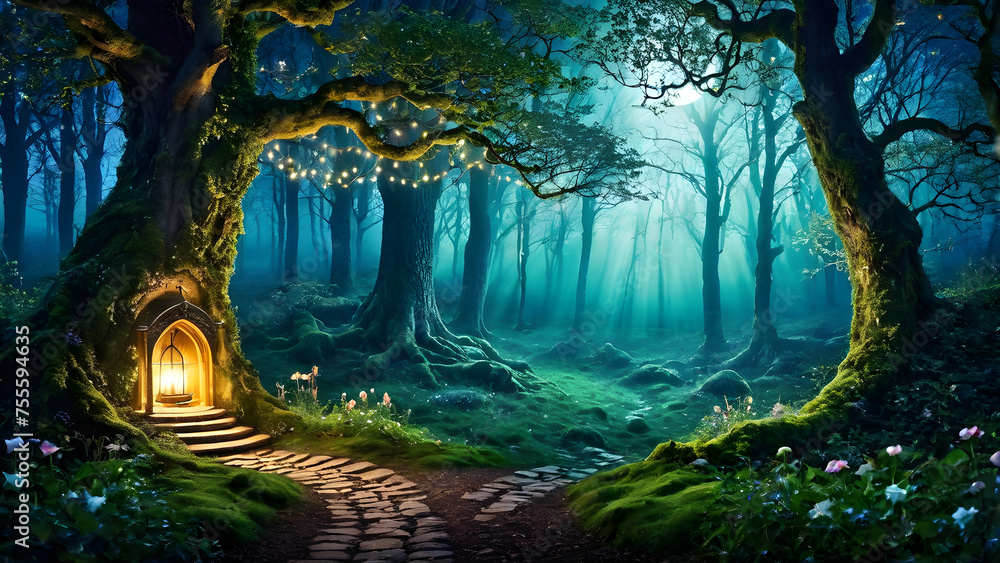 Illustration of a forest where fantastic fairies live