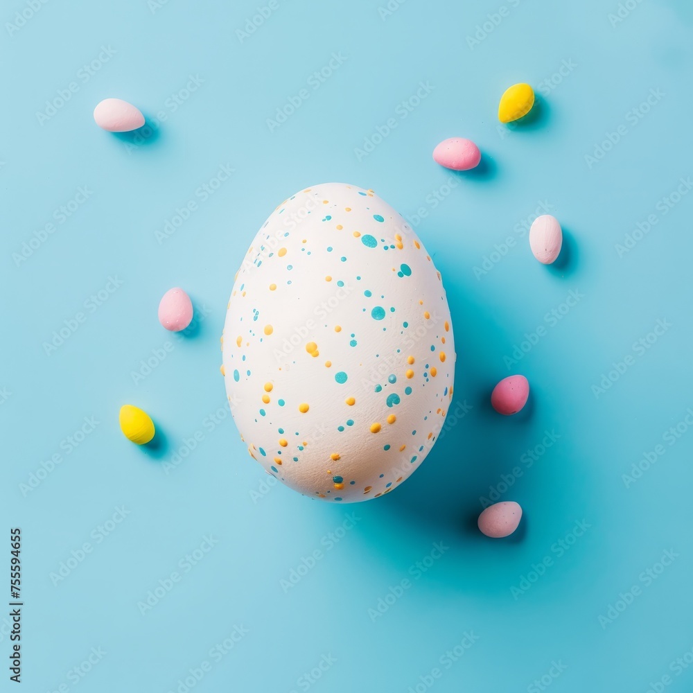 A colorful egg with colorful decorations on a mint background. 