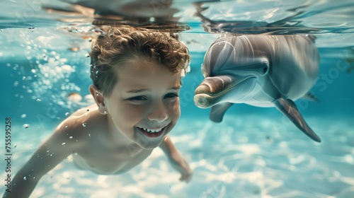 A happy smiling boy in a pool swimming alongside a dolphin against a blue  water background with a big space for text or product, Generative AI. photo