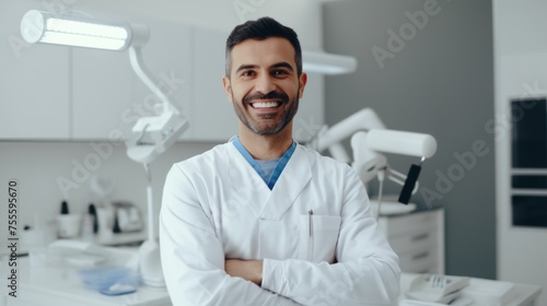 A Smiling Young Man, A Dentist, An Orthodontist With Crossed Arms In A Modern Dental Clinic. Teeth cleaning, Caries treatment, Whitening, Veneers, Healthcare, Oral hygiene, teeth check-up concepts.
