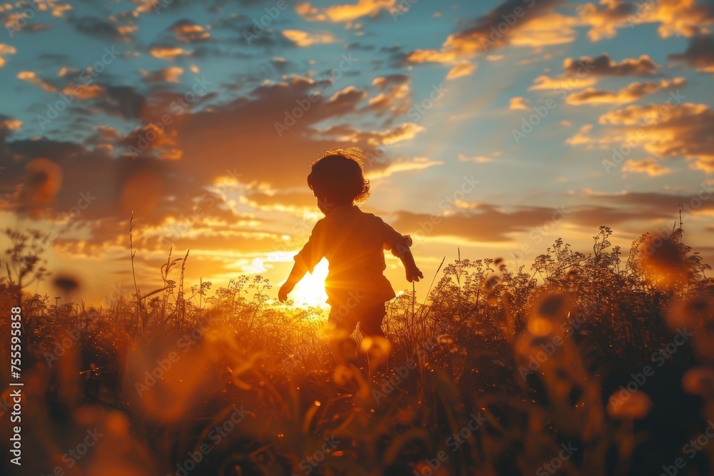 Child playing in field at sunset with beautiful sky Child playing in field at sunset with beautiful sky