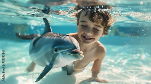 A happy smiling boy in a pool swimming alongside a dolphin against a blue  water background with a big space for text or product, Generative AI.