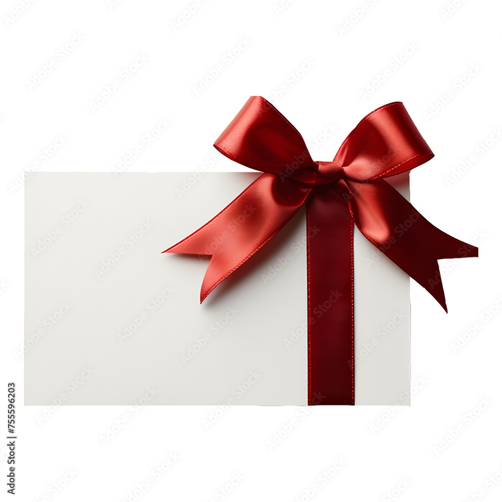 Blank white gift voucher with red ribbon bow or empty gift signboard isolated on transparent background Blank white gift voucher with red ribbon bow or empty gift signboard isolated on transparent background