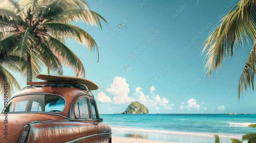 Tropical beach scene, vintage car with board on top