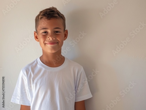 Smiling Young Boy in White T-Shirt Against Plain Background - Ideal for Family and Lifestyle T-Shirt Mockups