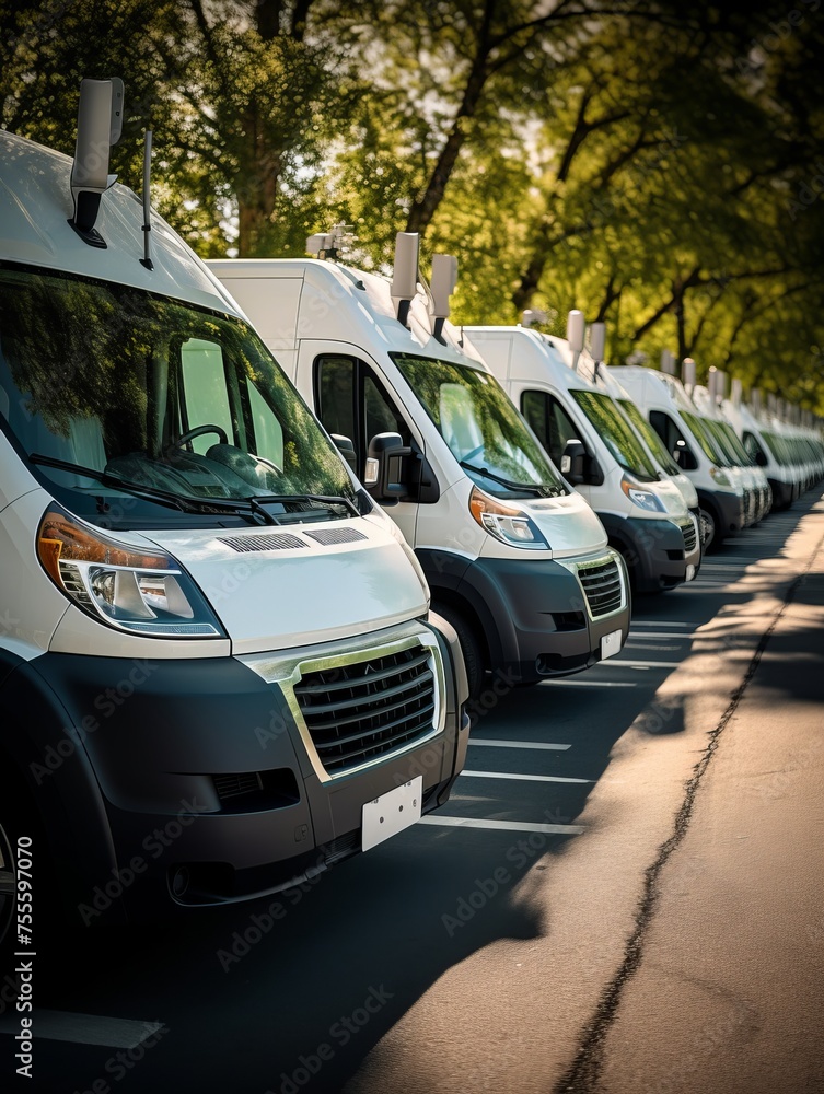 Electric delivery trucks parked in a row, showcasing sustainable transportation solutions. Electric delivery trucks parked in a row, showcasing sustainable transportation solutions.