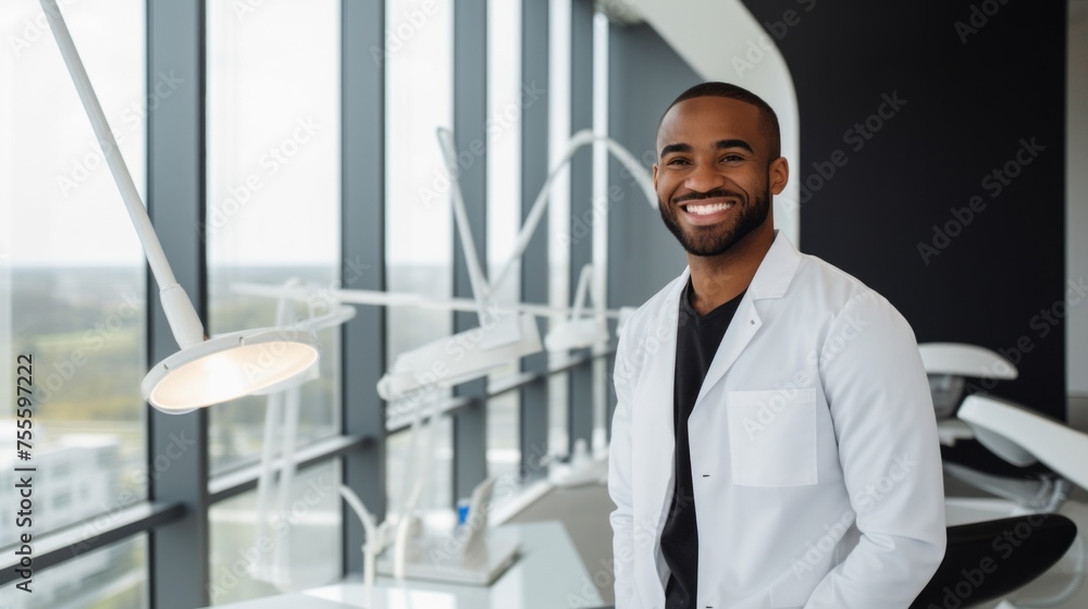 A Smiling Young Black Male Dentist, Orthodontist With Crossed Arms In A Modern Dental Clinic. Teeth cleaning, Caries treatment, Whitening, Veneers, Healthcare, Oral hygiene, teeth check-up concepts. A Smiling Young Black Male Dentist, Orthodontist With Crossed Arms In A Modern Dental Clinic. Teeth cleaning, Caries treatment, Whitening, Veneers, Healthcare, Oral hygiene, teeth check-up concepts.