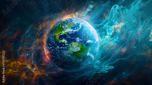 Digital artwork of Earth made with colorful threads in space