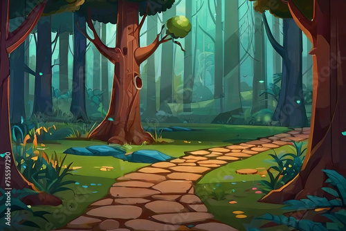 2D abstract enchanted forest background for battle arena mobile game. Enchanting landscape in flat cartoon style.