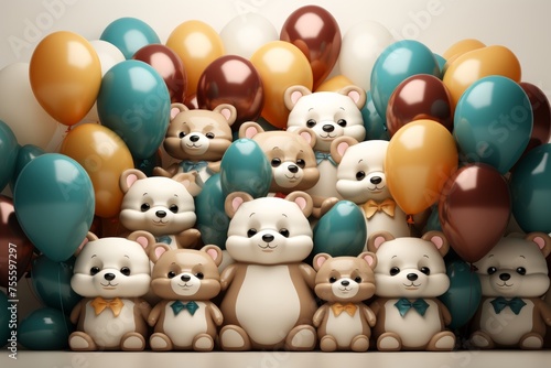Plastic teddy bears among colorful balloons. fun childrens toys for playtime and parties