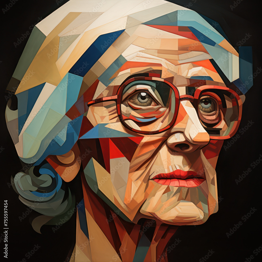 Cubist vision of a wise woman in red glasses