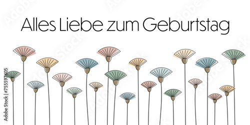 Alles Liebe zum Geburtstag - Schriftzug in deutscher Sprache. Grußkarte mit modernen abstrakten Blumen in Pastellfarben.