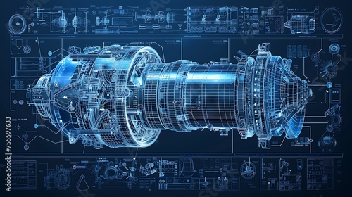 Blueprint of turbo engine machinery in blue with detailed another machine AI Image Generative photo