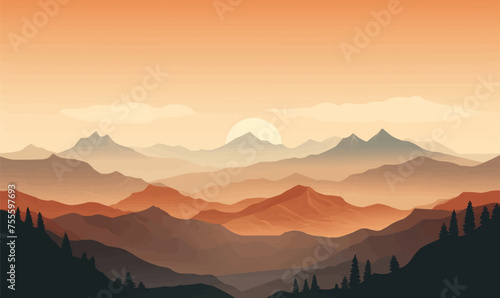 Sunrise over the mountains vector flat isolated vector style illustration